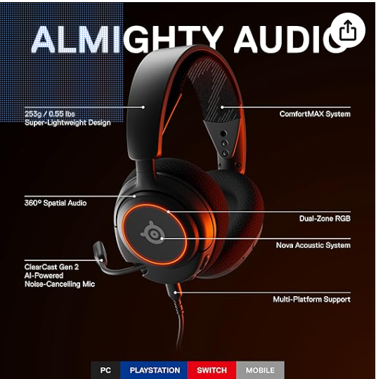 SteelSeries New Arctis Nova 3 Multi-Platform Gaming Headset - Signature Arctis Sound - ClearCast Gen 2 Mic - PC, PS5/PS4, Xbox Series X|S, Switch, Mobile,Black
